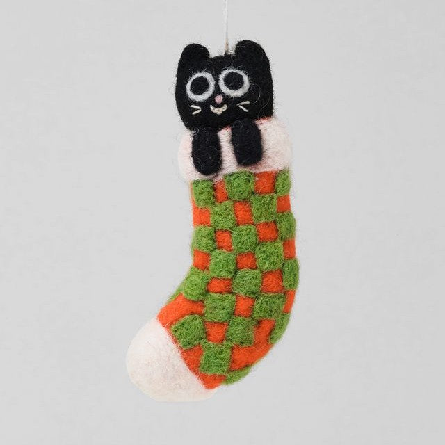 Viv Cat in Checkered Stocking - Wrap Felt Decoration
